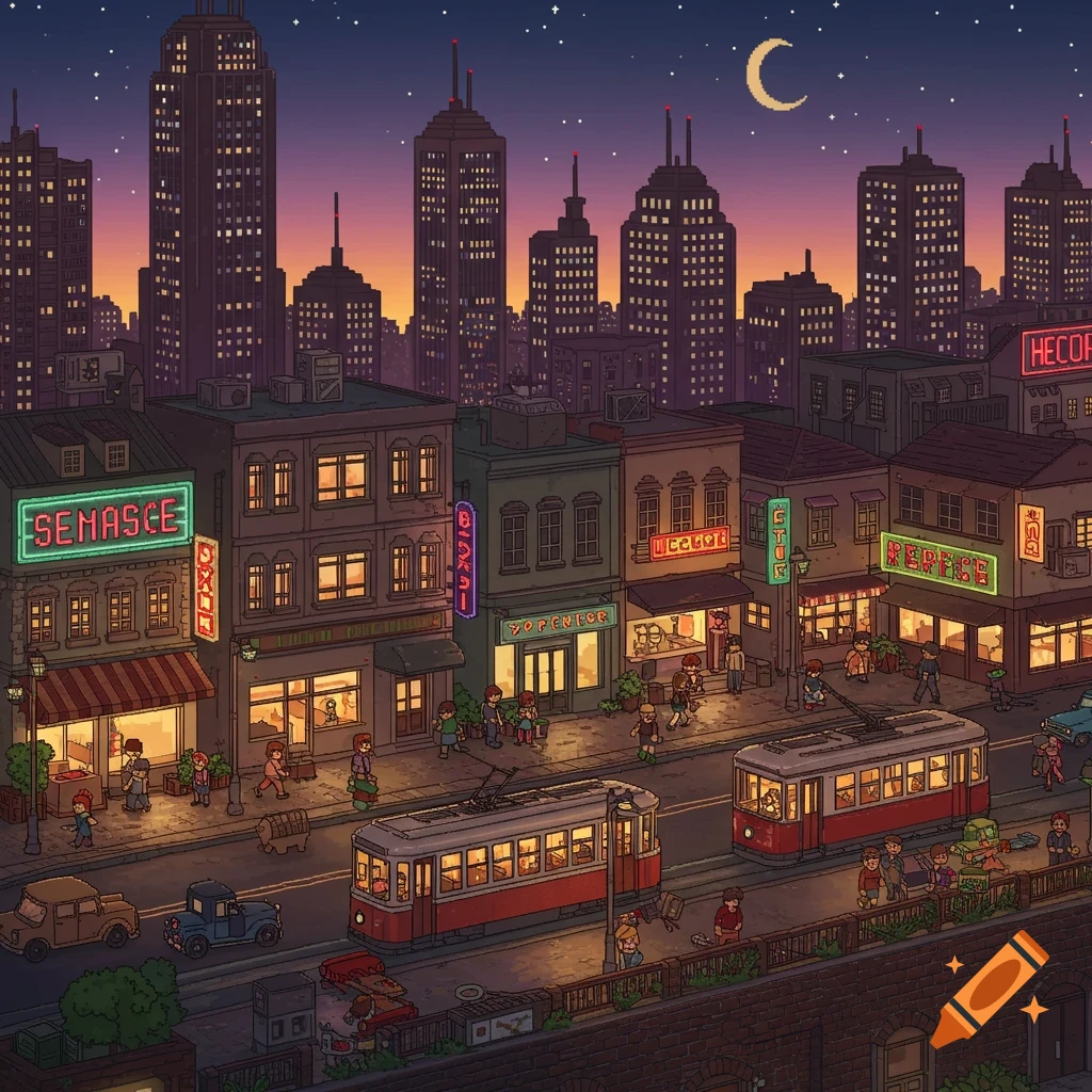 Pixel art city street at night with trams, cars, and people walking past shops and towering buildings under a crescent moon.