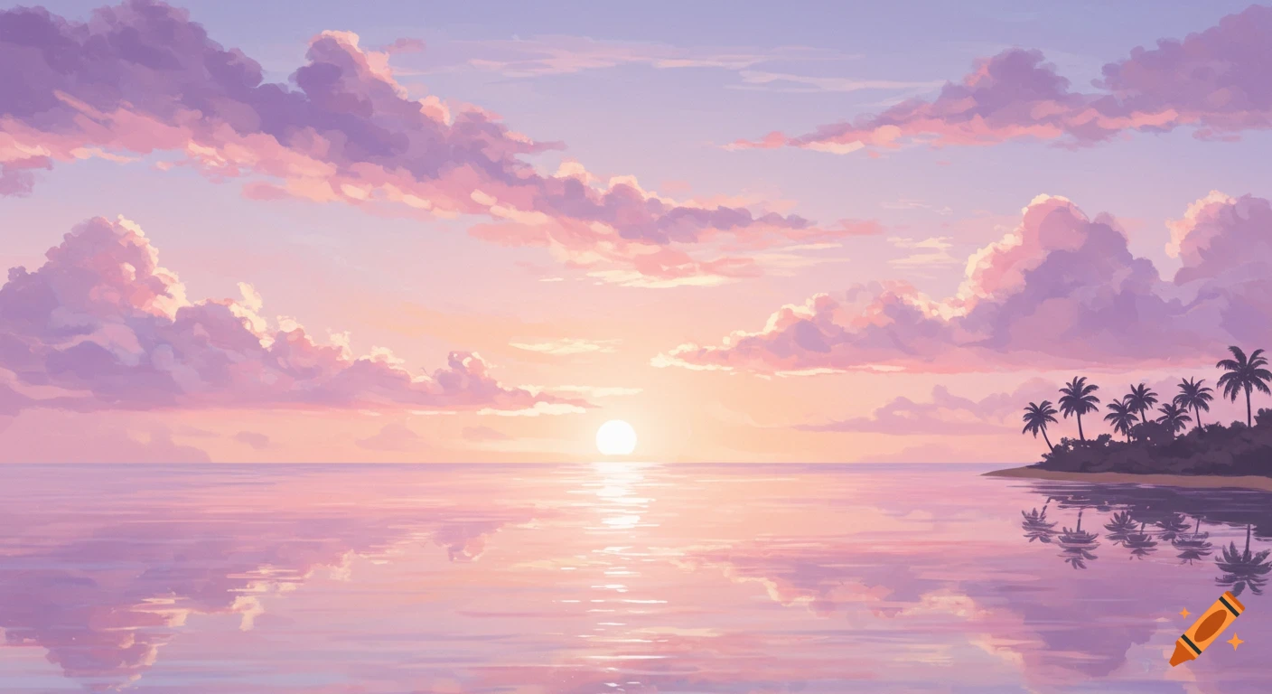 Pastel sunset over a calm tropical sea with an island of palm trees, reflecting the pink and purple sky.