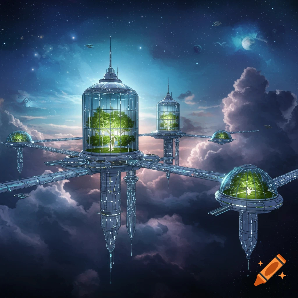 A futuristic cityscape with glass dome habitats and interconnected structures floating above clouds under a starry, twilight sky, with trees inside.