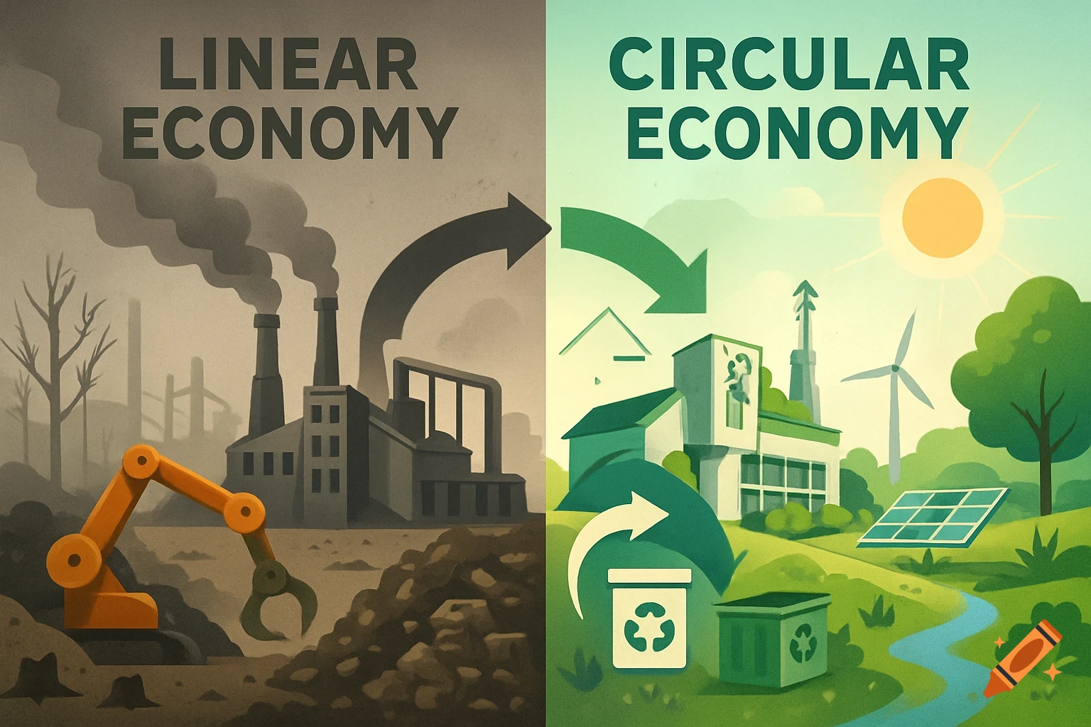 Split illustration comparing linear and circular economies. Left: polluting industry. Right: green energy and recycling.