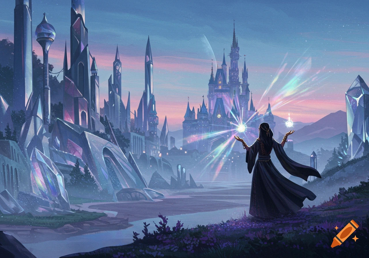 A robed witch with glowing orbs casts magic before a futuristic, crystal-like castle city at twilight, digital fantasy art.
