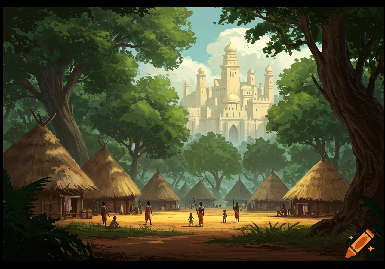 An illustrated scene of an African village with thatched huts and people in a forest, overlooked by a distant, grand palace.