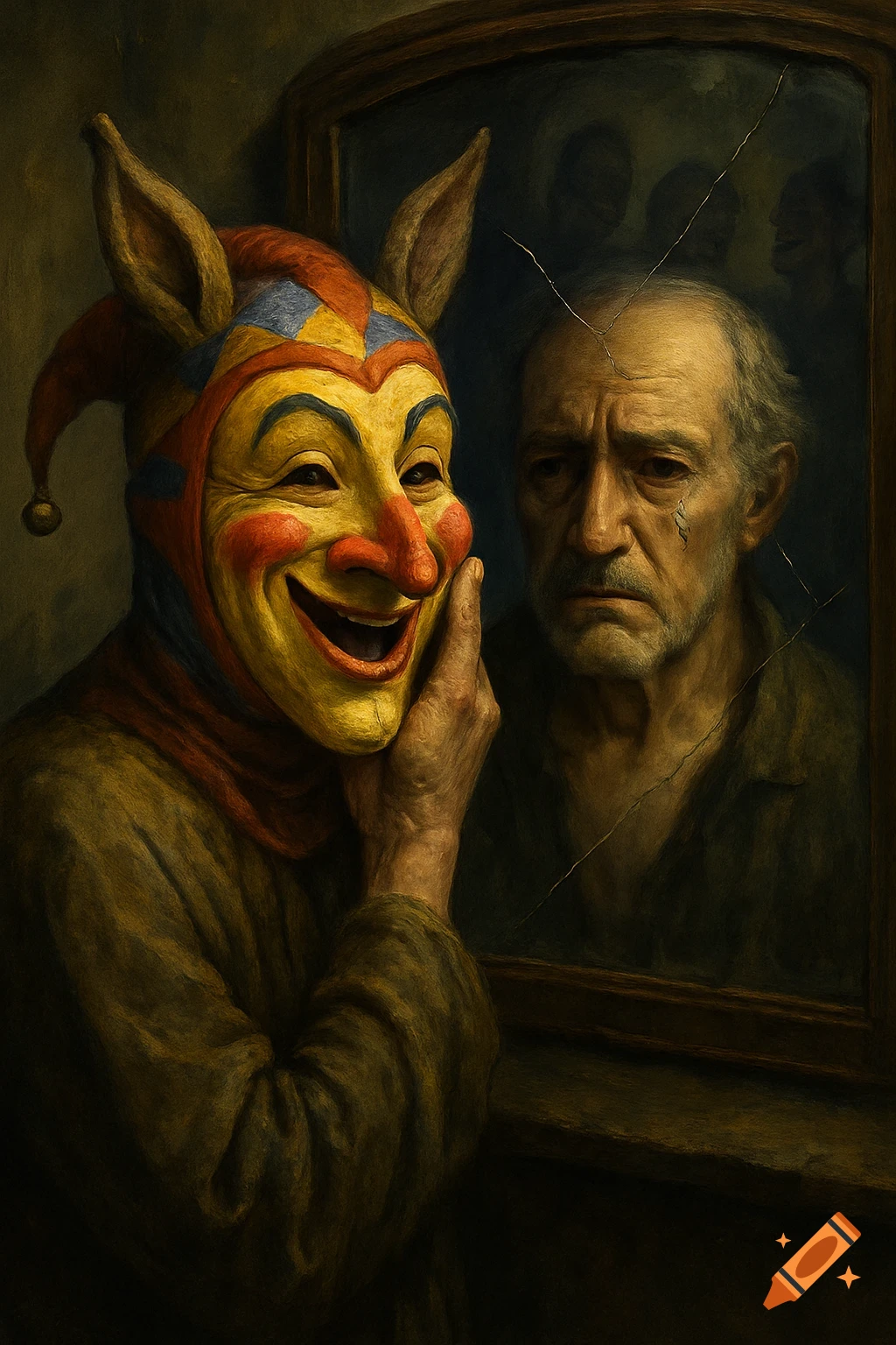 A man in a jester's mask sees his sad, unmasked face reflected in a cracked mirror, oil painting style.