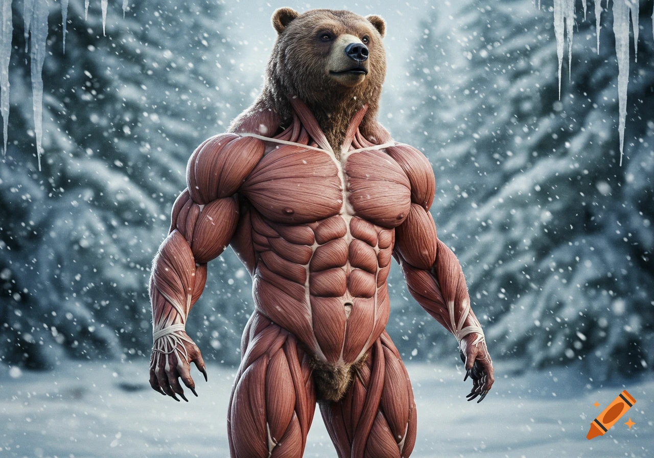 Ultra-realistic muscular anthropomorphic bear with a human-like body and bear head, standing in a snowy winter forest.