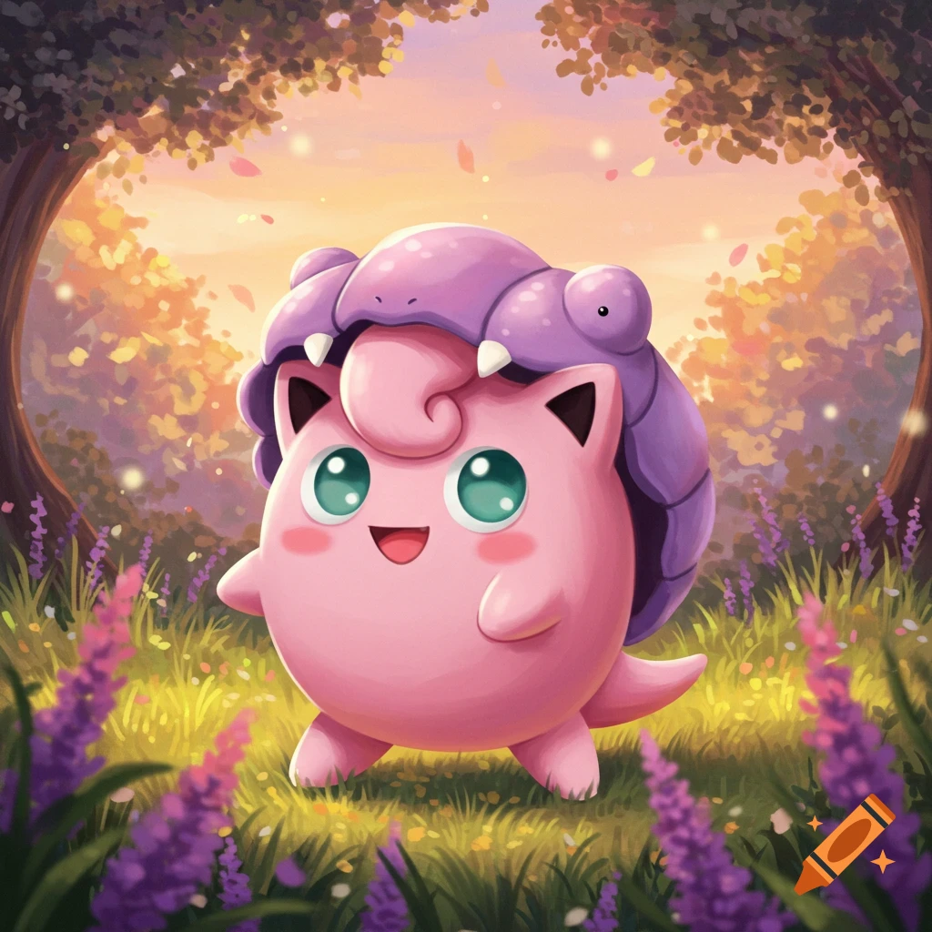 A cute pink Jigglypuff Pok 00e9mon wearing a purple Shellder shell as a hat smiles in a sunlit fantasy forest with lavender flowers. Illustrative.