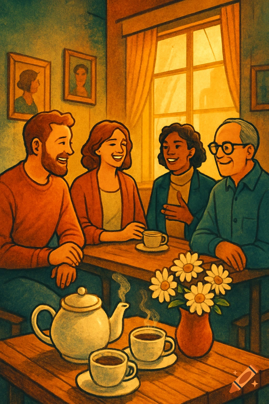 Stylized illustration of four smiling people chatting around a wooden table with tea in a warm-toned room.