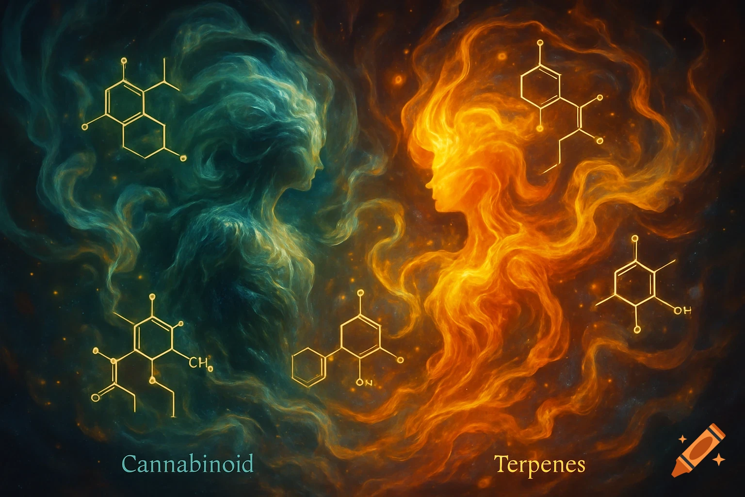 Abstract art with two stylized human-like figures made of swirling teal and orange smoke/flames, facing each other. Chemical structures float around them, with 'Cannabinoid' and 'Terpenes' labeled below.