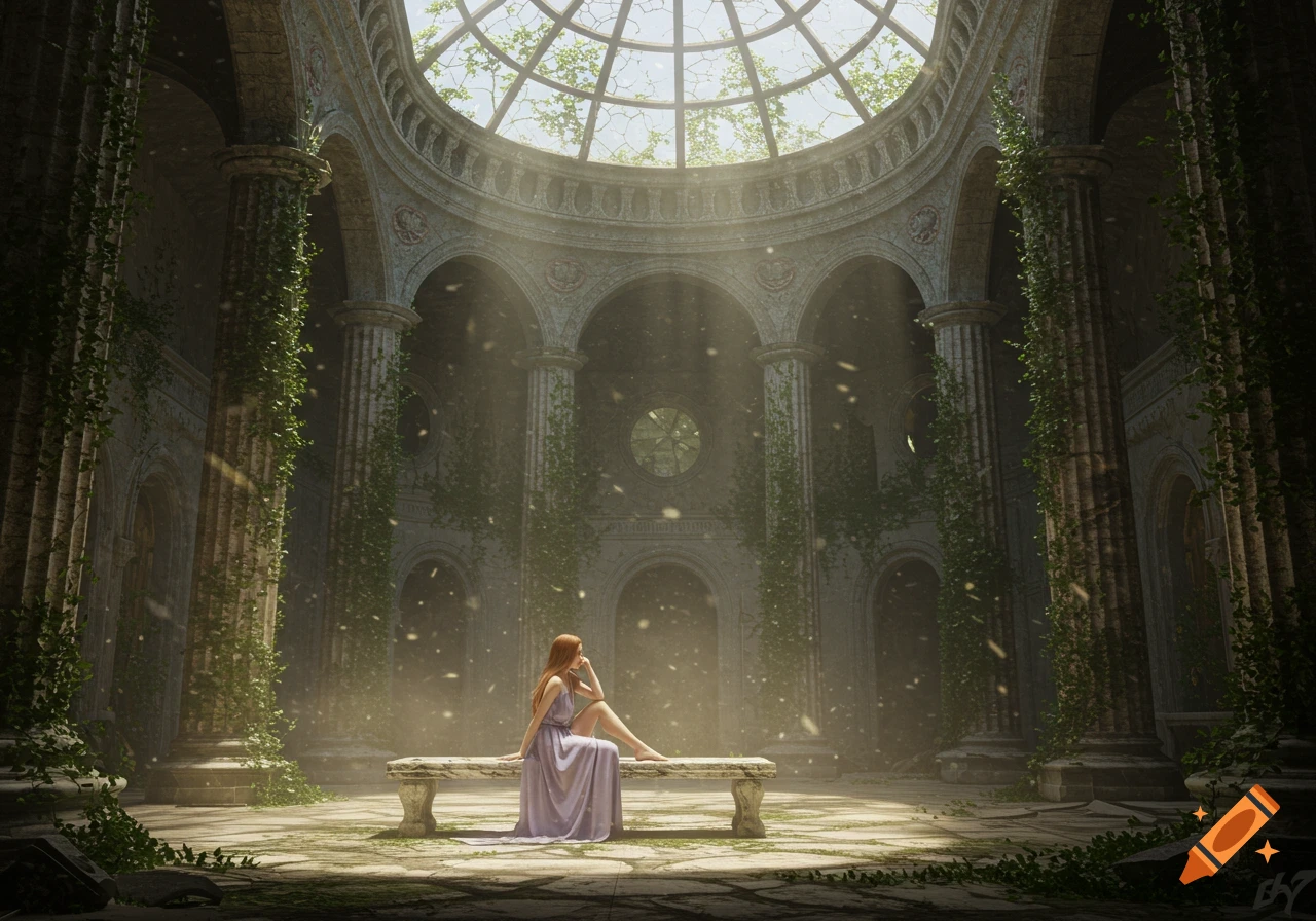 A woman in a lilac dress sits on a bench in a vast, overgrown, ruined hall with columns and a domed, shattered glass roof, illuminated by sunbeams.