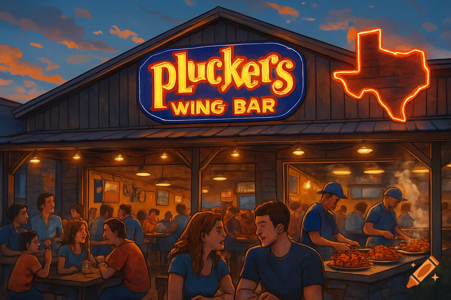 Stylized illustration of Pluckers Wing Bar at night with customers dining and staff cooking wings under a neon Texas sign.