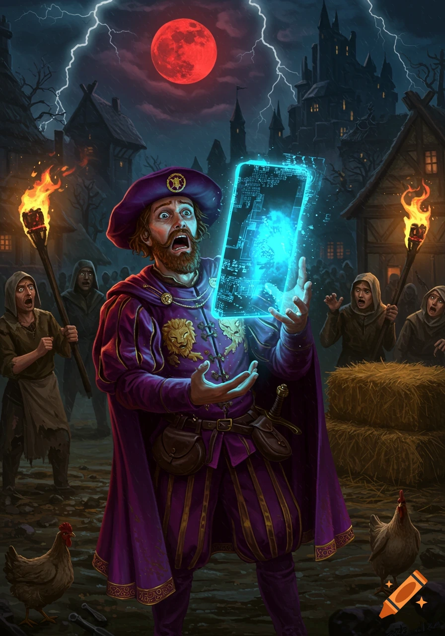 A bewildered man in elaborate purple and gold garments holds a glowing blue data tablet in a stormy medieval village with frightened villagers, a red moon, and a castle in the background. Dramatic, painterly style.