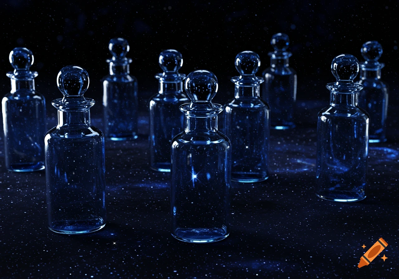 Blue glass vials with stoppers reflect light on a dark, starry surface in a photorealistic style.
