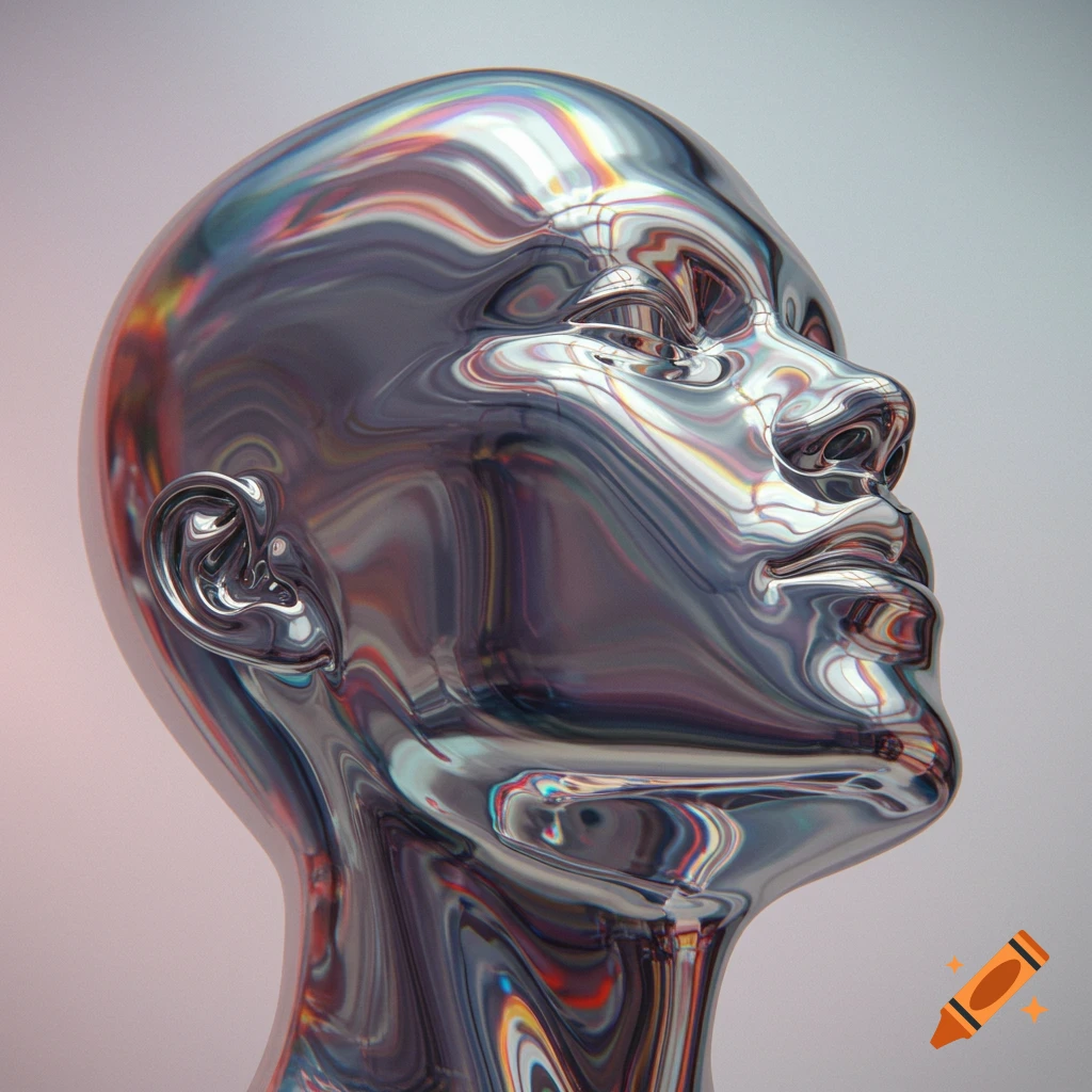 Close-up of an abstract metallic chrome head with iridescent reflections, tilted upward.