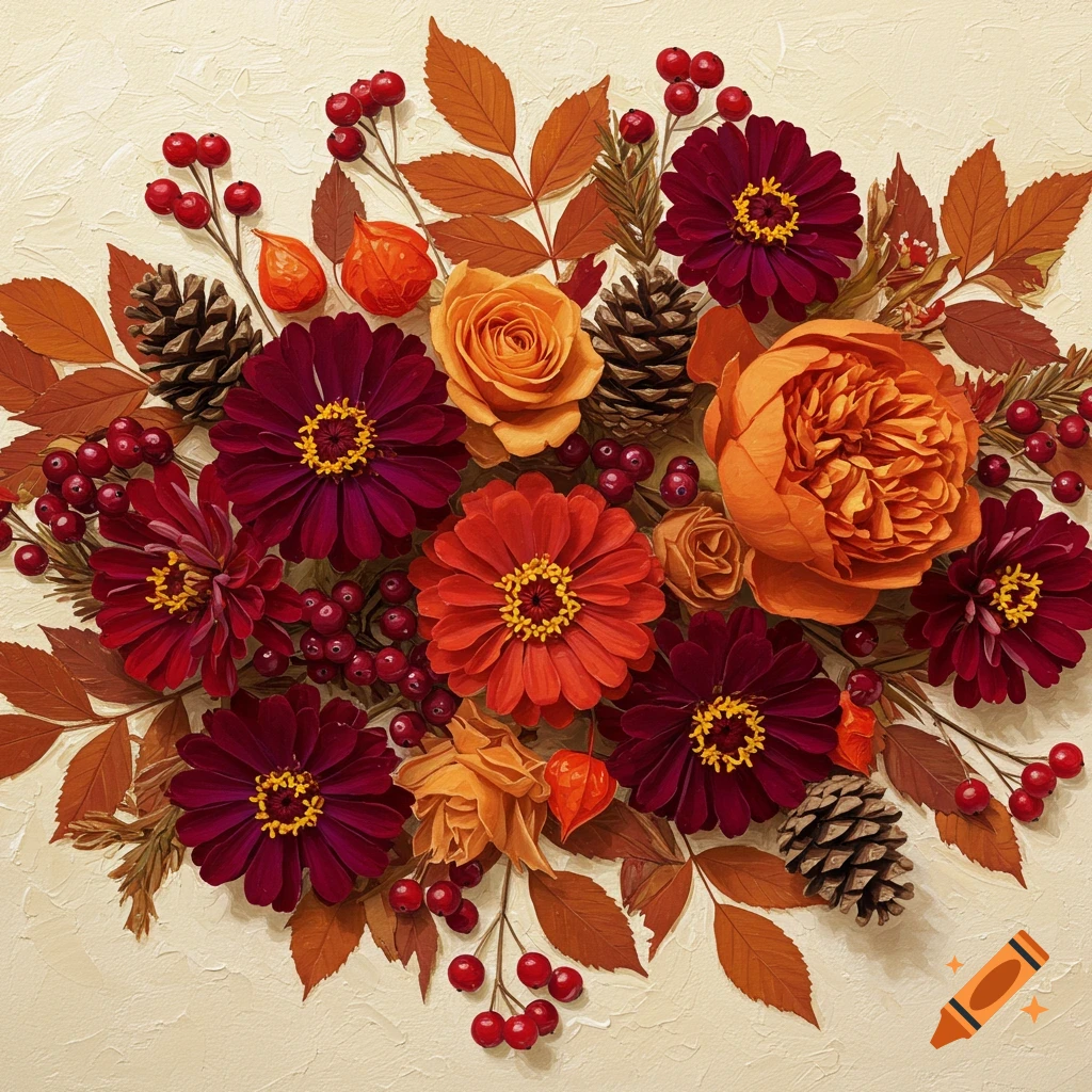 Vibrant fall floral arrangement with zinnias, peonies, berries, leaves, and pinecones, rendered in a textured palette knife style.
