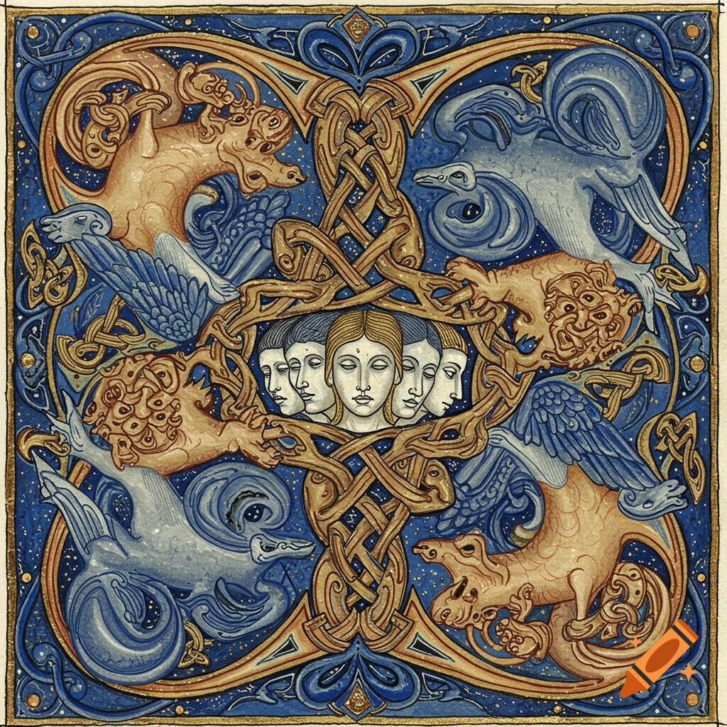 Intricate Celtic illumination with gold and blue, featuring fantastic beasts and five intertwined human faces at the center.