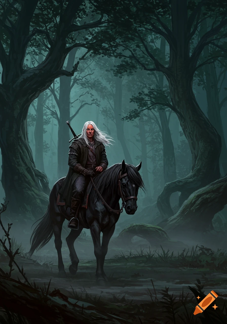 A white-haired man in a dark coat rides a black horse through a misty forest at dusk, a sword on his back. Illustrative.