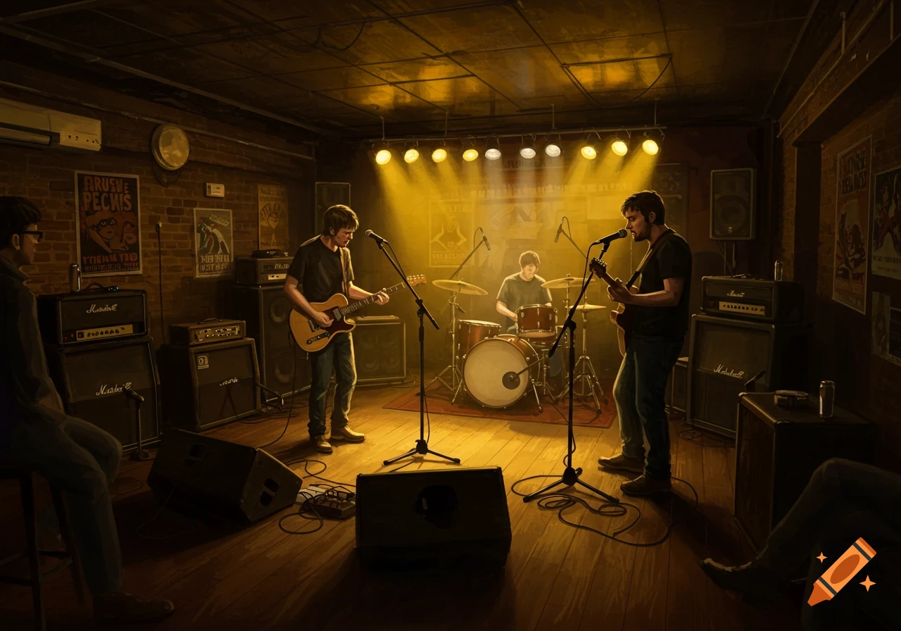 A band performs on a dimly lit stage in a small, rustic venue, with two guitarists, a drummer, and audience members in the foreground and background.