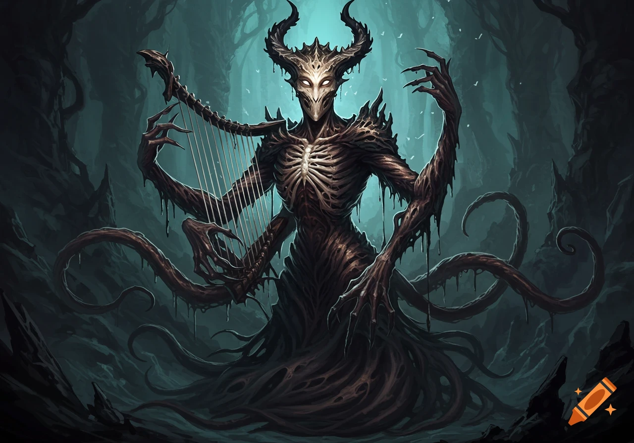 A dark fantasy illustration of a horned, skeletal creature with multiple arms and tentacles playing a bone harp in an eerie, shadowed forest.