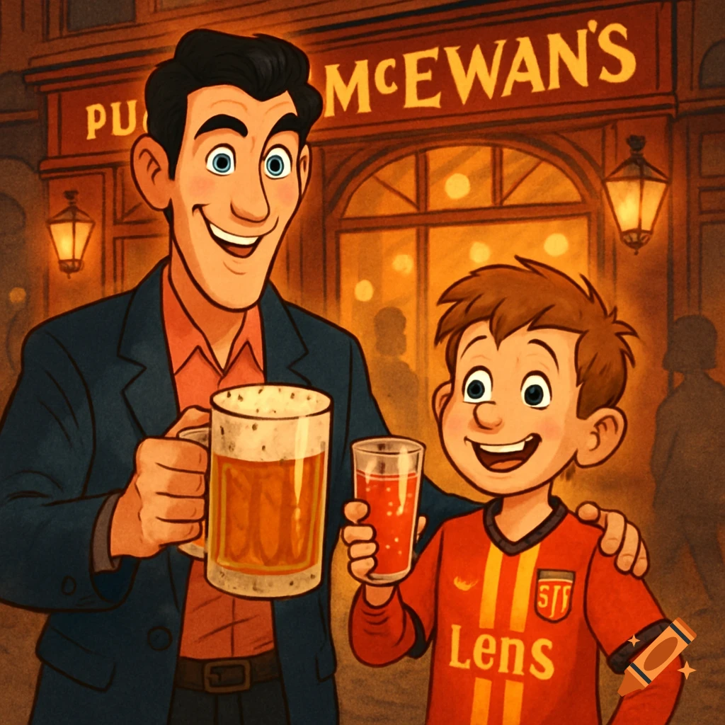A man and a boy in a cartoon style, holding up drinks and smiling. The man has a beer, the boy has grenadine. They are in front of a pub sign reading "McEWAN's" and the boy wears a red "Lens" football shirt.