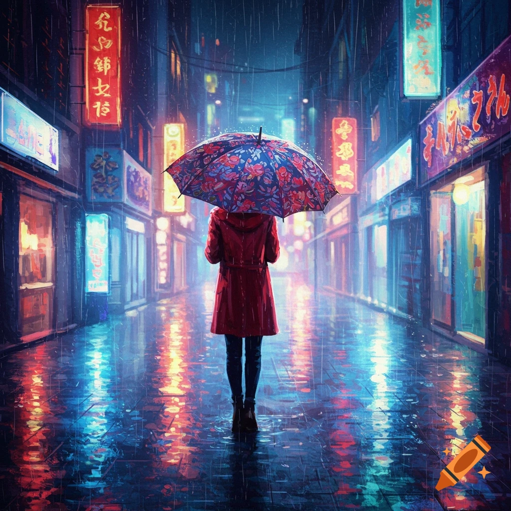 A person in a red coat walks down a wet, neon-lit city street at night, holding a patterned umbrella.