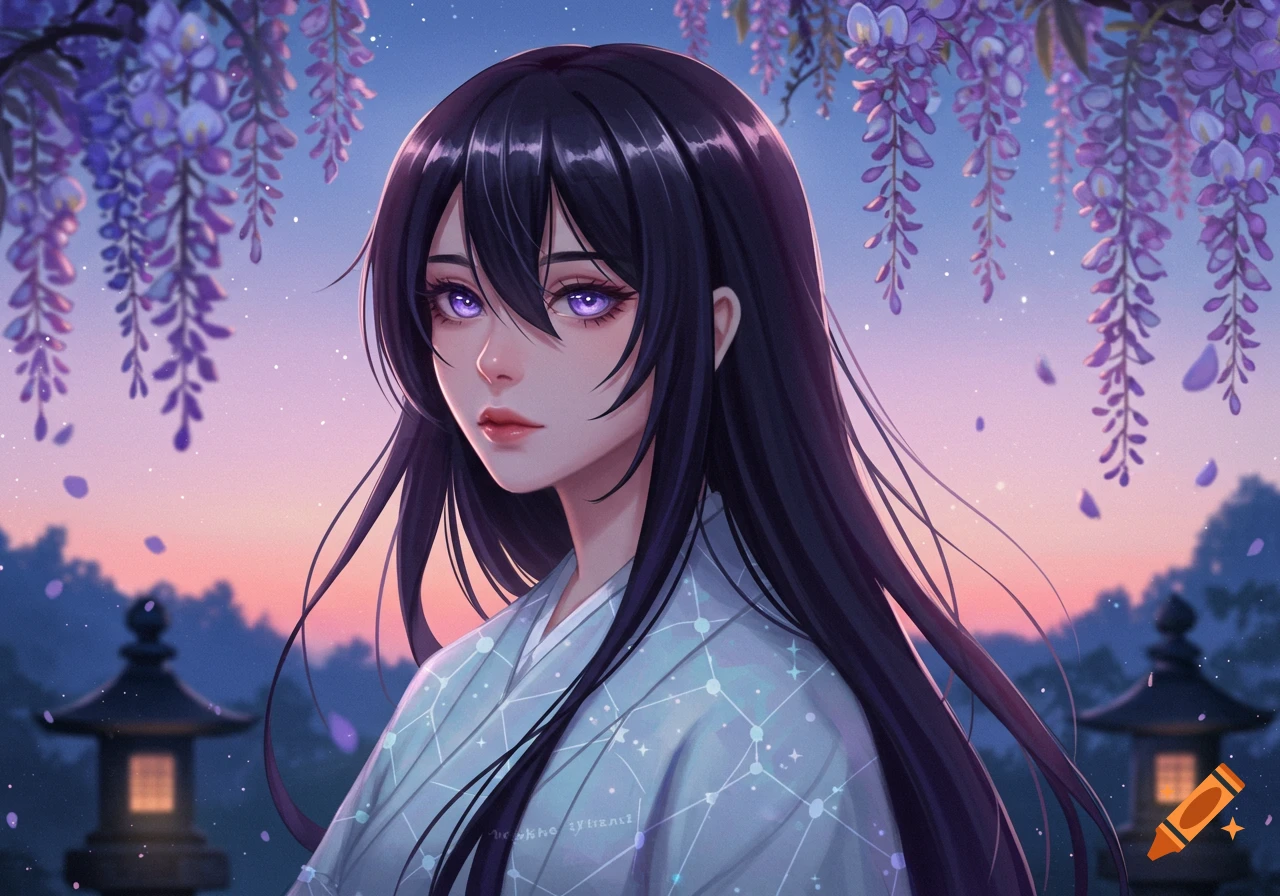 Anime girl with long black hair and purple eyes wearing a light blue haori, standing under cascading purple wisteria blossoms at dusk.