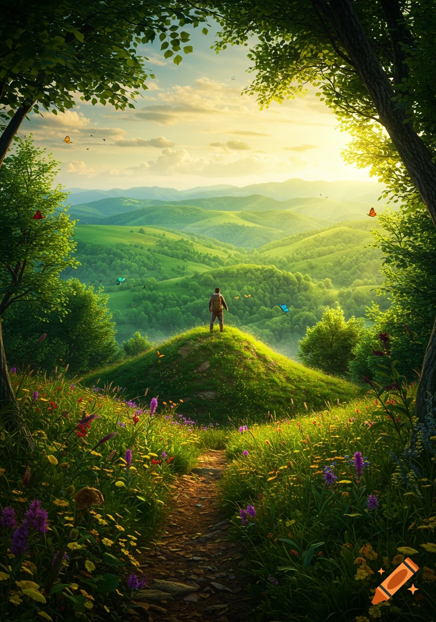 A person stands on a grassy hill, gazing at sunlit green mountains and valleys framed by lush trees, with a path and wildflowers.