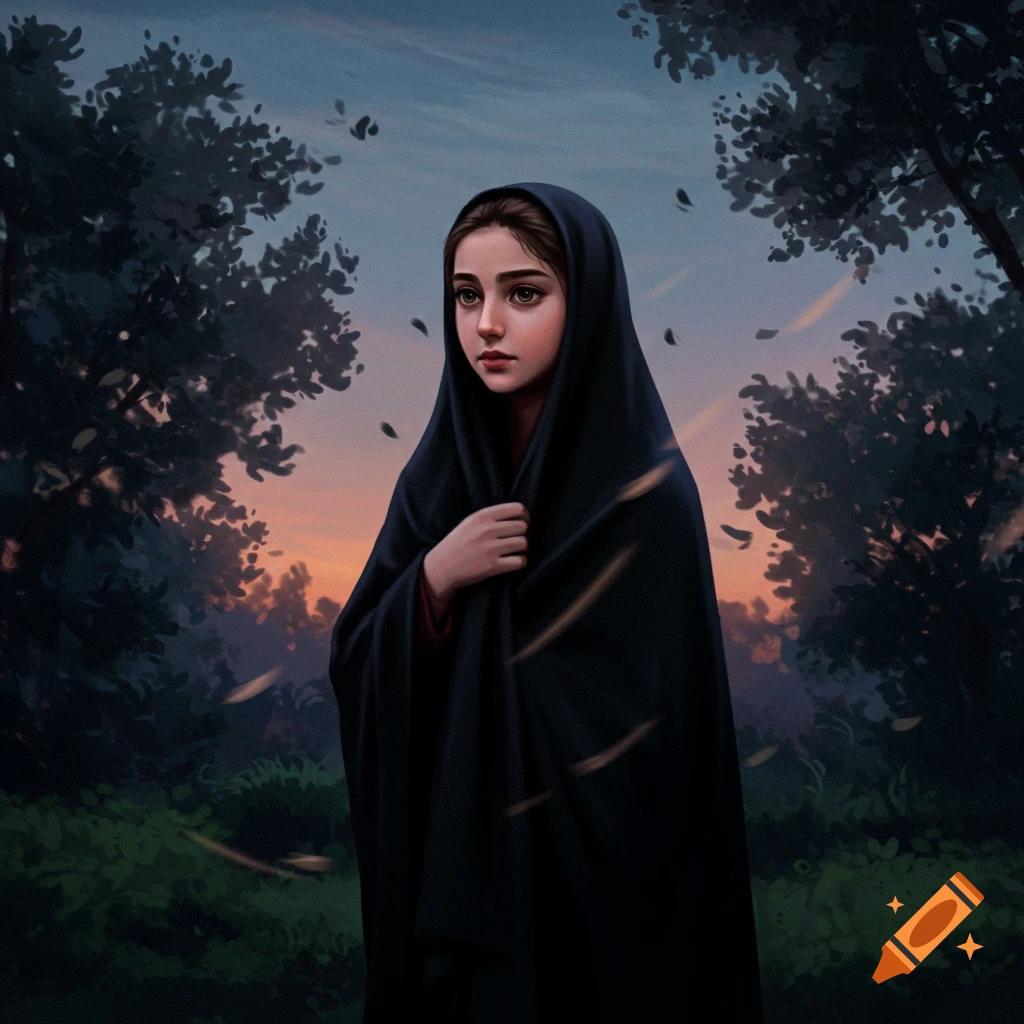 Illustrative portrait of a young woman in a black chador and headscarf, standing in a forest at sunset.