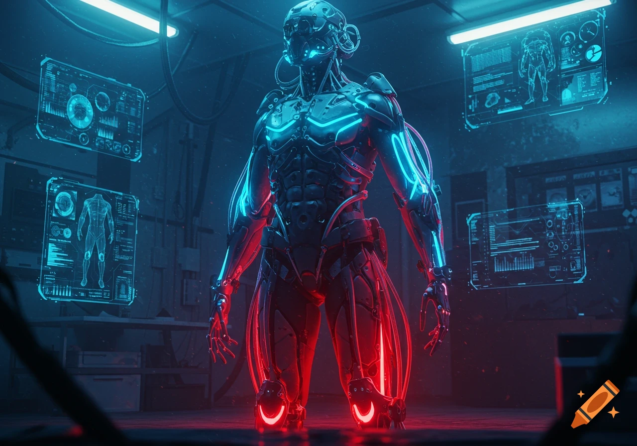 A blue and red glowing robotic exoskeleton stands in a dark, futuristic lab surrounded by holographic data screens.