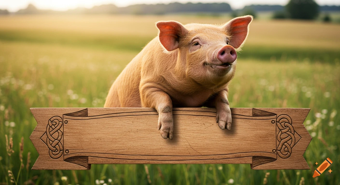 Photorealistic pig resting on a decorative wooden banner in a sunny green field.