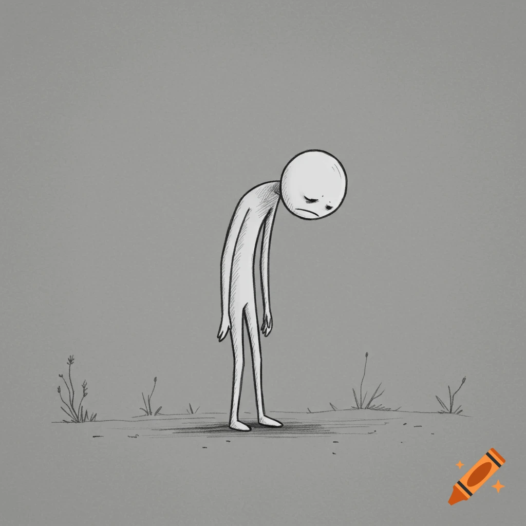 Minimalist sketch of a sad stick figure standing on a grey ground with sparse plants.