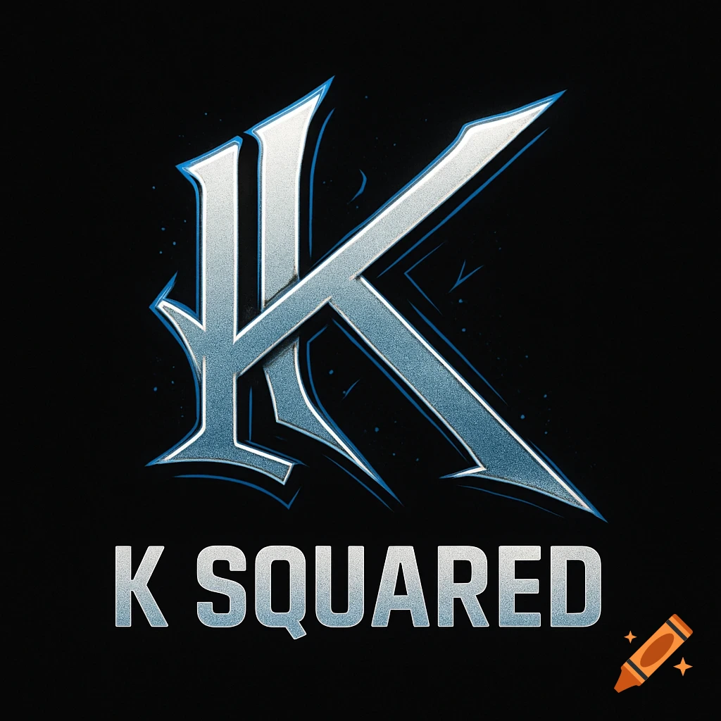 Silver and blue stylized K logo above the text 'K SQUARED' on a black background.