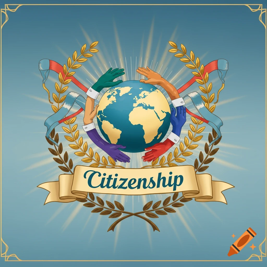 A symbolic emblem featuring a globe encircled by diverse hands, with a banner reading 'Citizenship' and laurel wreaths on a radiant blue background.