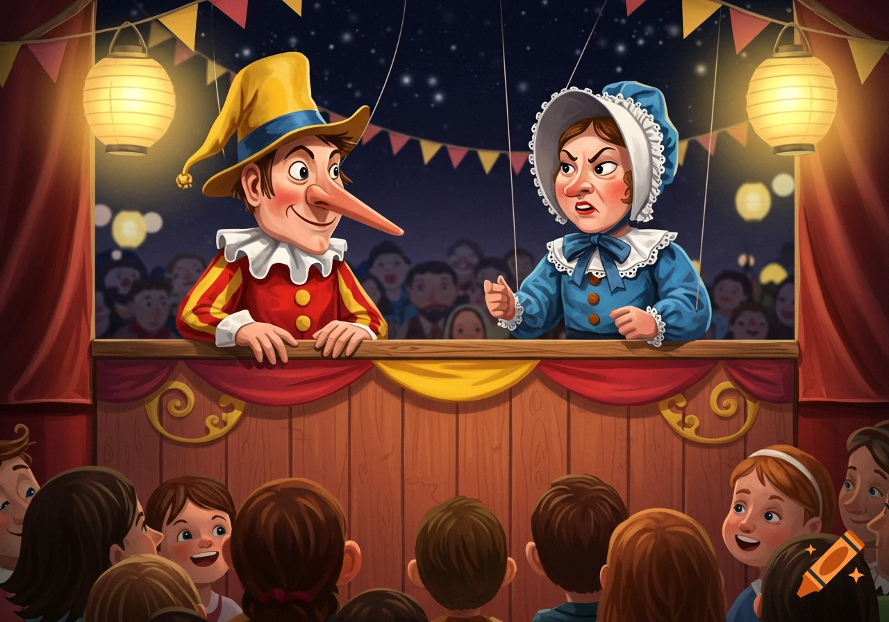 Cartoon illustration of a puppet show, with a long-nosed male puppet and an angry female puppet on stage before an audience of children.
