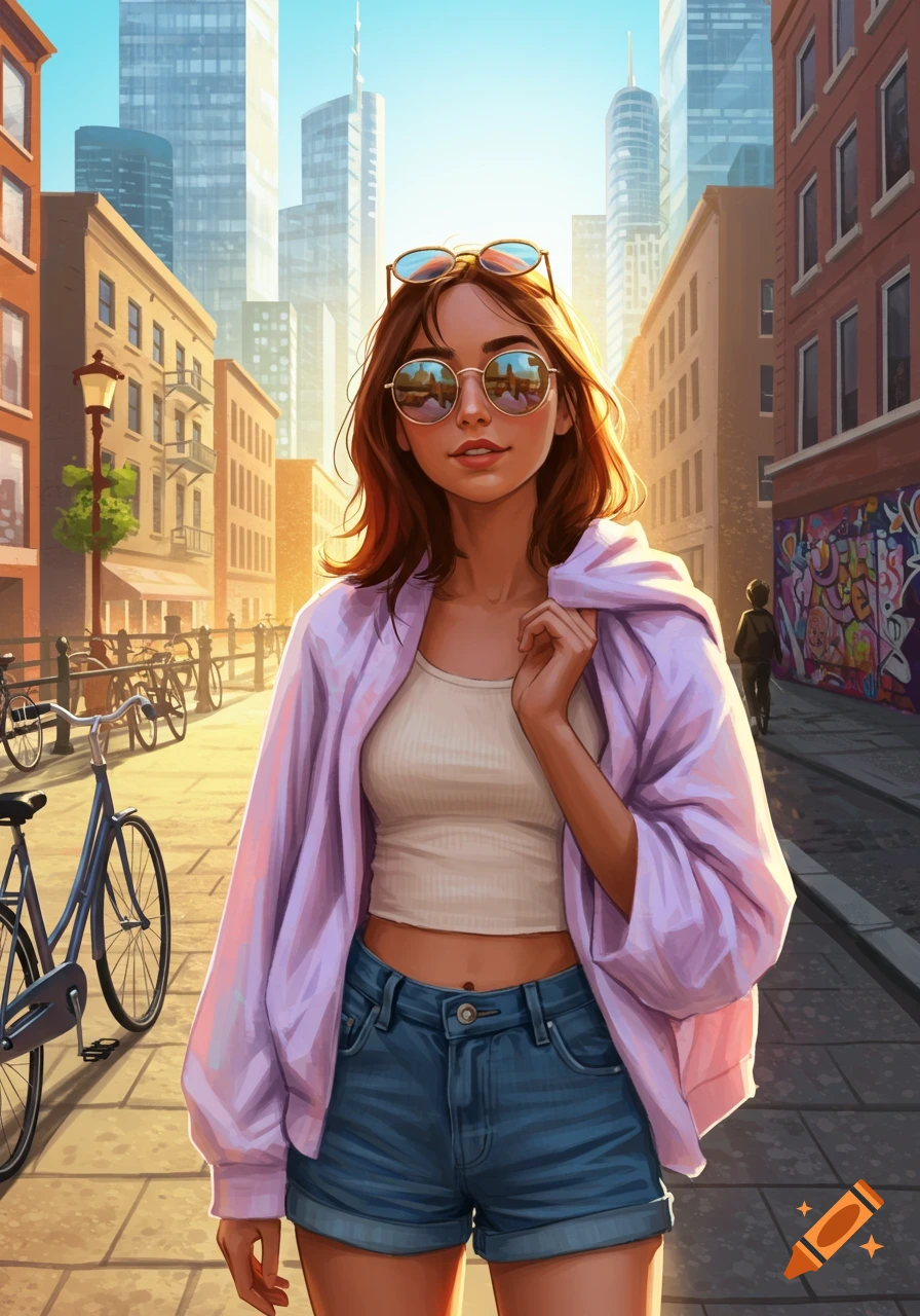 Illustrated young woman in a crop top, denim shorts, and lavender jacket standing on a sunny city street with buildings and a bicycle.