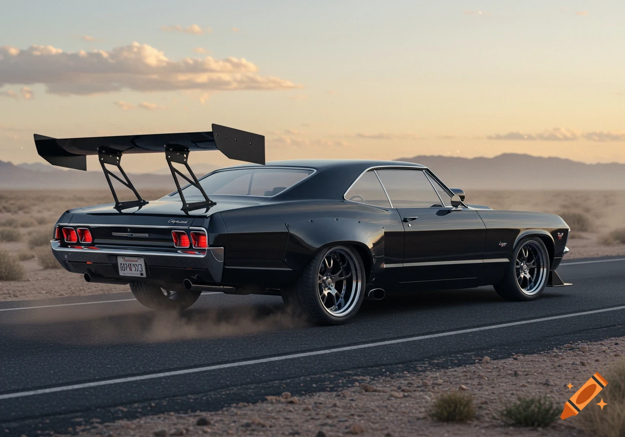 A black 1967 Impala with a large wing spoiler drives on a desert road, kicking up dust, under a cloudy sunset sky.