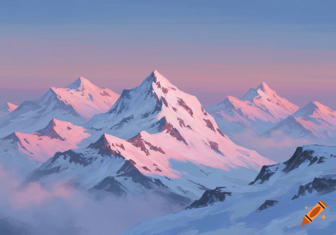 Painterly view of snow-covered mountains glowing pink and purple under a soft blue and pink sky.