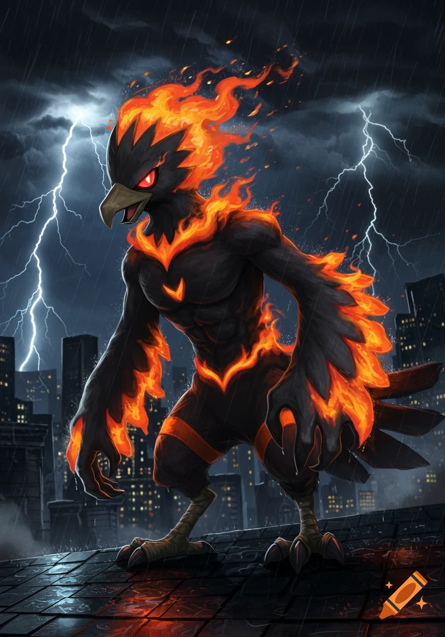 A fiery dark bird creature with glowing red eyes stands on a wet rooftop overlooking a stormy city, lightning flashes in the sky. Fantasy art.