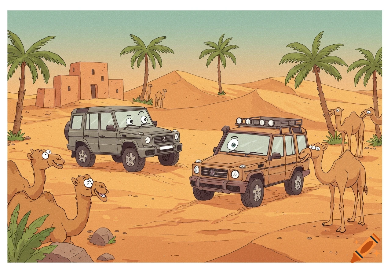A cartoon desert scene with two G-Wagons with faces, surrounded by palm trees, sand dunes, and smiling camels. Buildings are in the background.