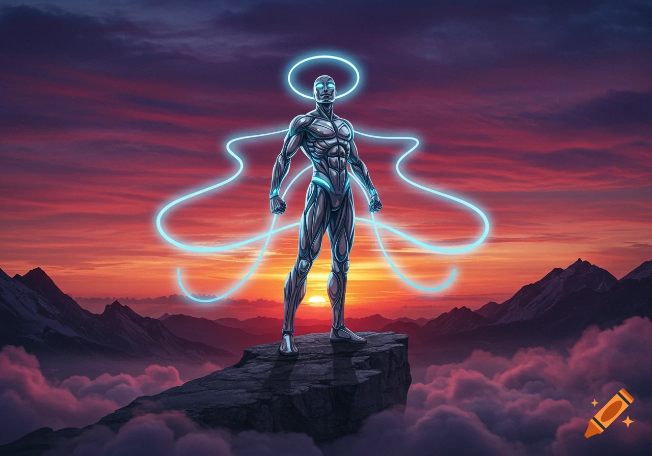 A metallic superhero figure with glowing blue energy stands on a rocky cliff above clouds, silhouetted against a vibrant sunset sky.