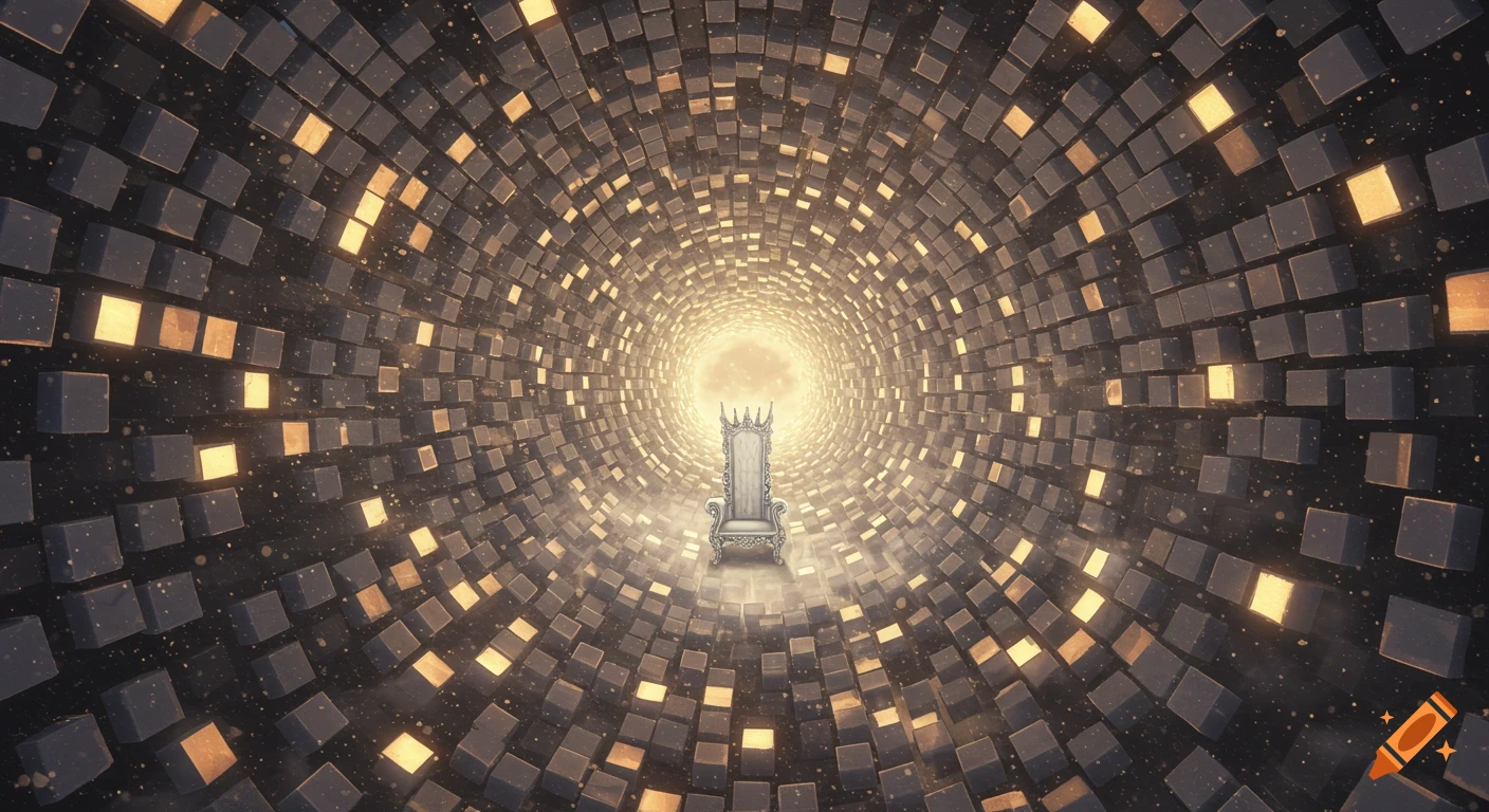 A regal white throne in a glowing, mystical tunnel lined with dark and luminous geometric blocks.