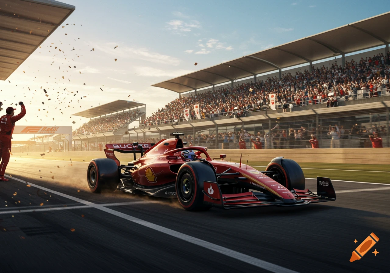 A red Formula 1 race car speeds past the finish line, with a driver raising a fist in celebration. Confetti falls around them, and a grandstand full of cheering spectators is in the background. Photorealistic style.