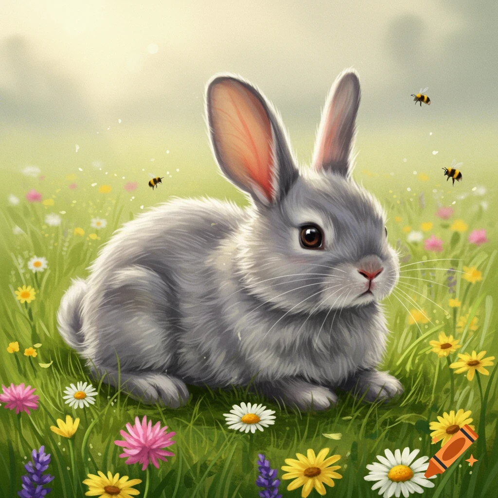 A fluffy gray rabbit sits in a green field filled with colorful wildflowers, with bees flying around. Illustration.