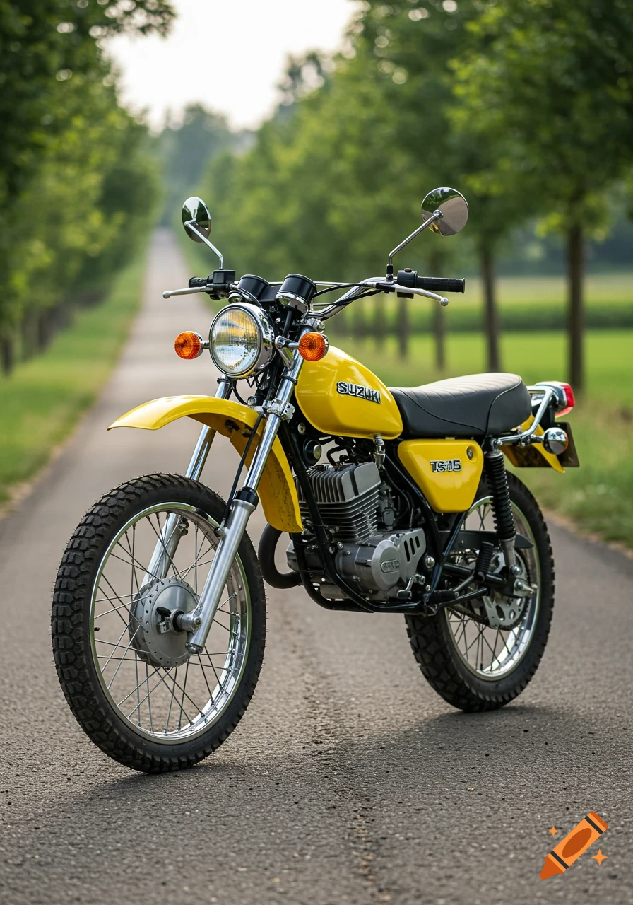 A bright yellow Suzuki TS-185 vintage motorcycle parked on a paved road lined with green trees, in a photorealistic style.