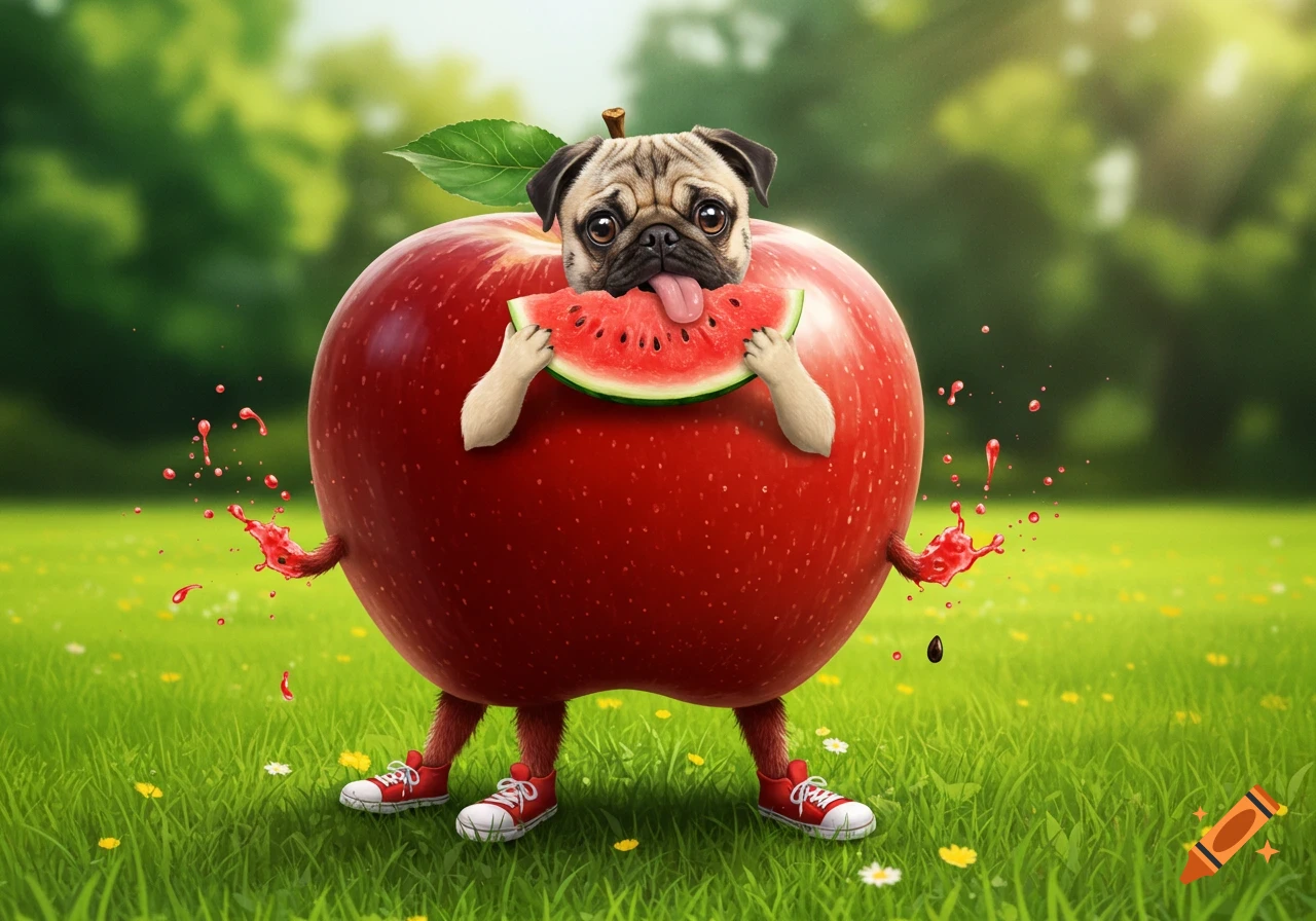 A whimsical pug with a red apple body, hairy legs, and red sneakers eats a slice of watermelon in a grassy field.