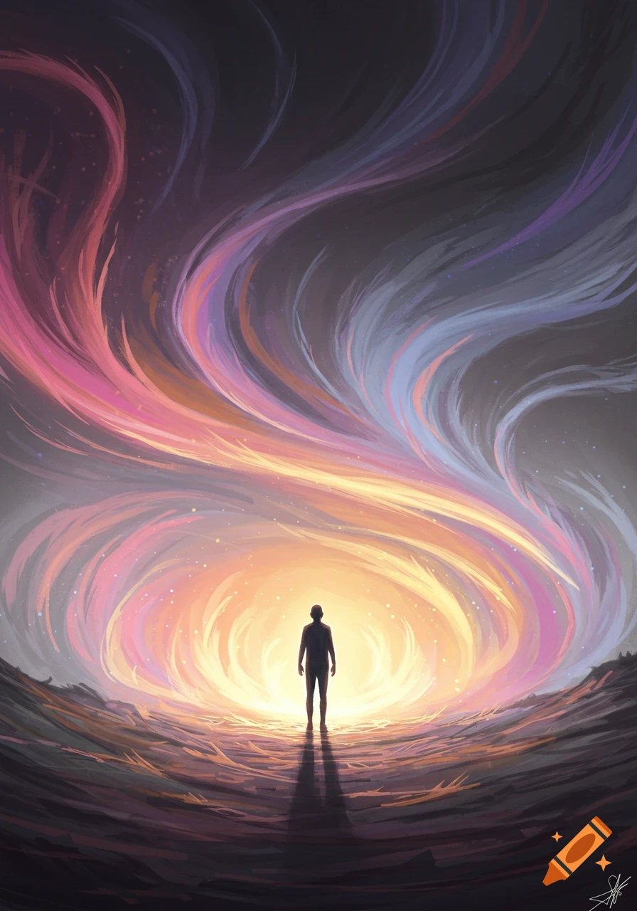 A person's silhouette stands before a vibrant, swirling vortex of pink, orange, purple, and blue light against a dark sky, digital art.