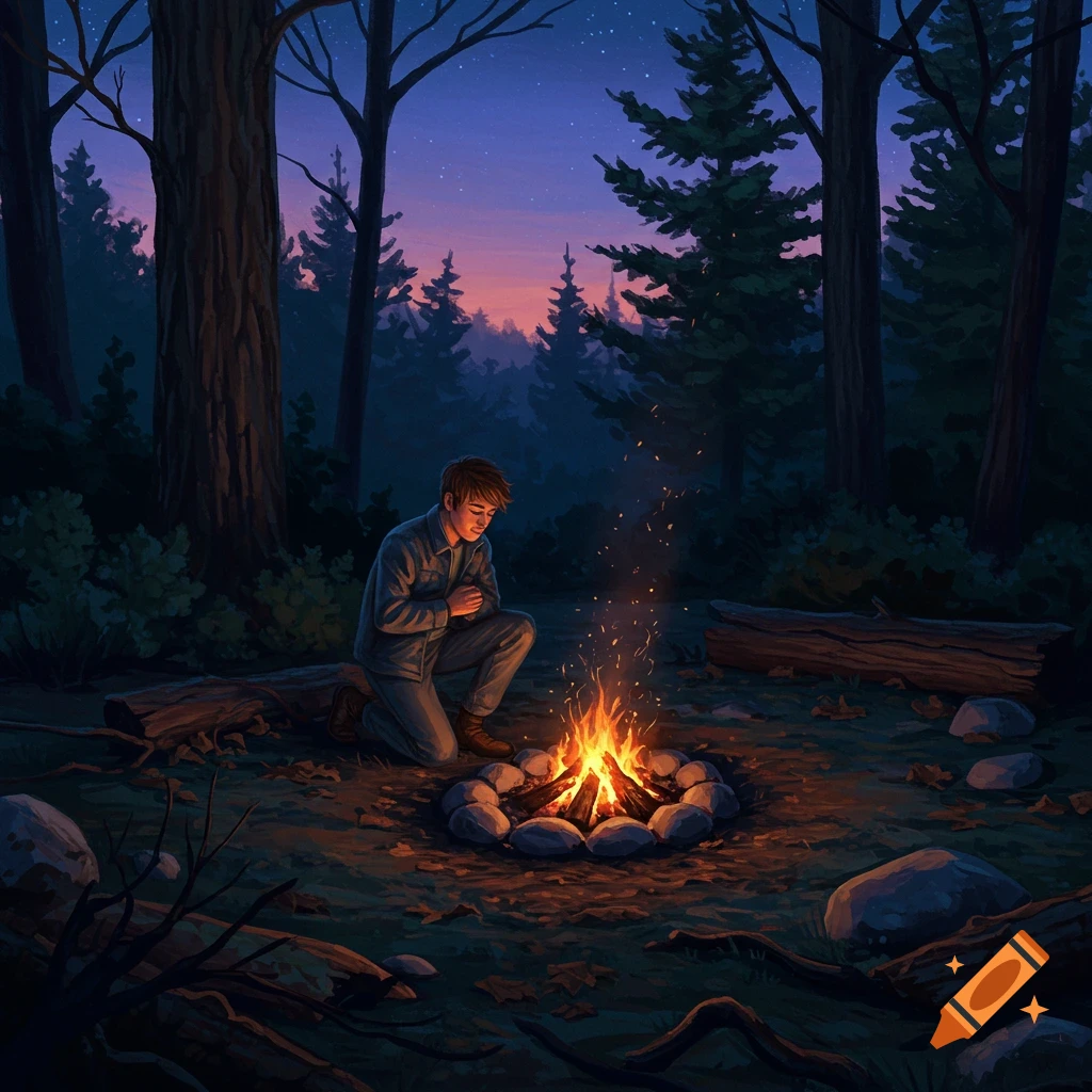 An illustration of a person kneeling by a crackling campfire in a dark forest under a twilight sky.