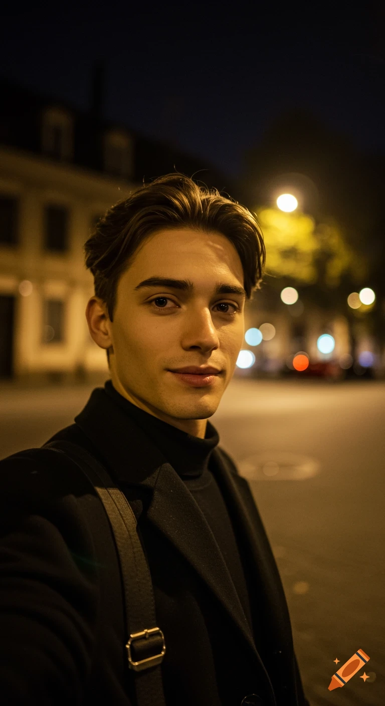 Photorealistic portrait of a young man with brown hair and a black turtleneck and coat, smiling slightly under streetlights at night.