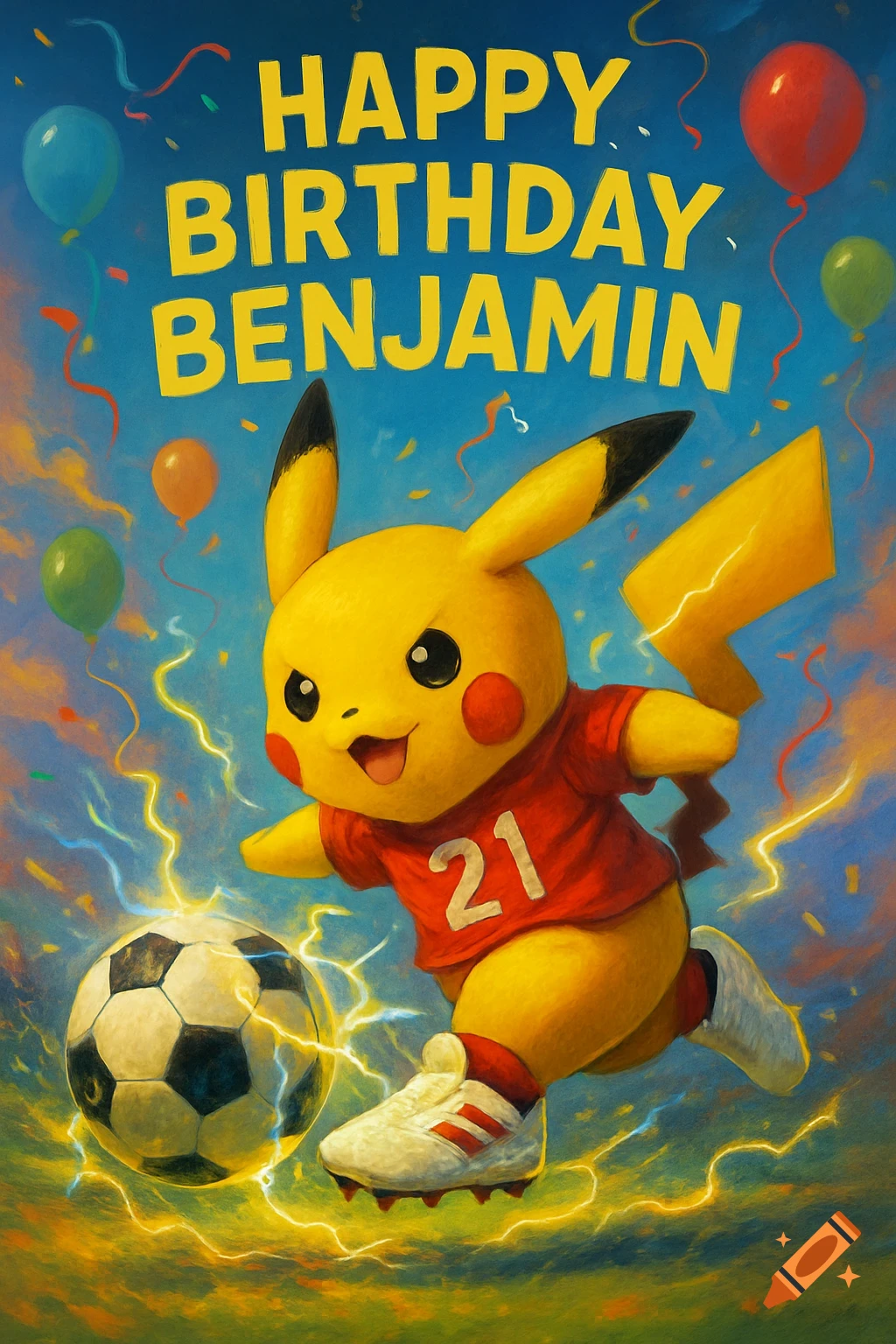 Vibrant painting of Pikachu in a red jersey with '21', kicking a lightning-infused soccer ball, with 'HAPPY BIRTHDAY BENJAMIN' text.