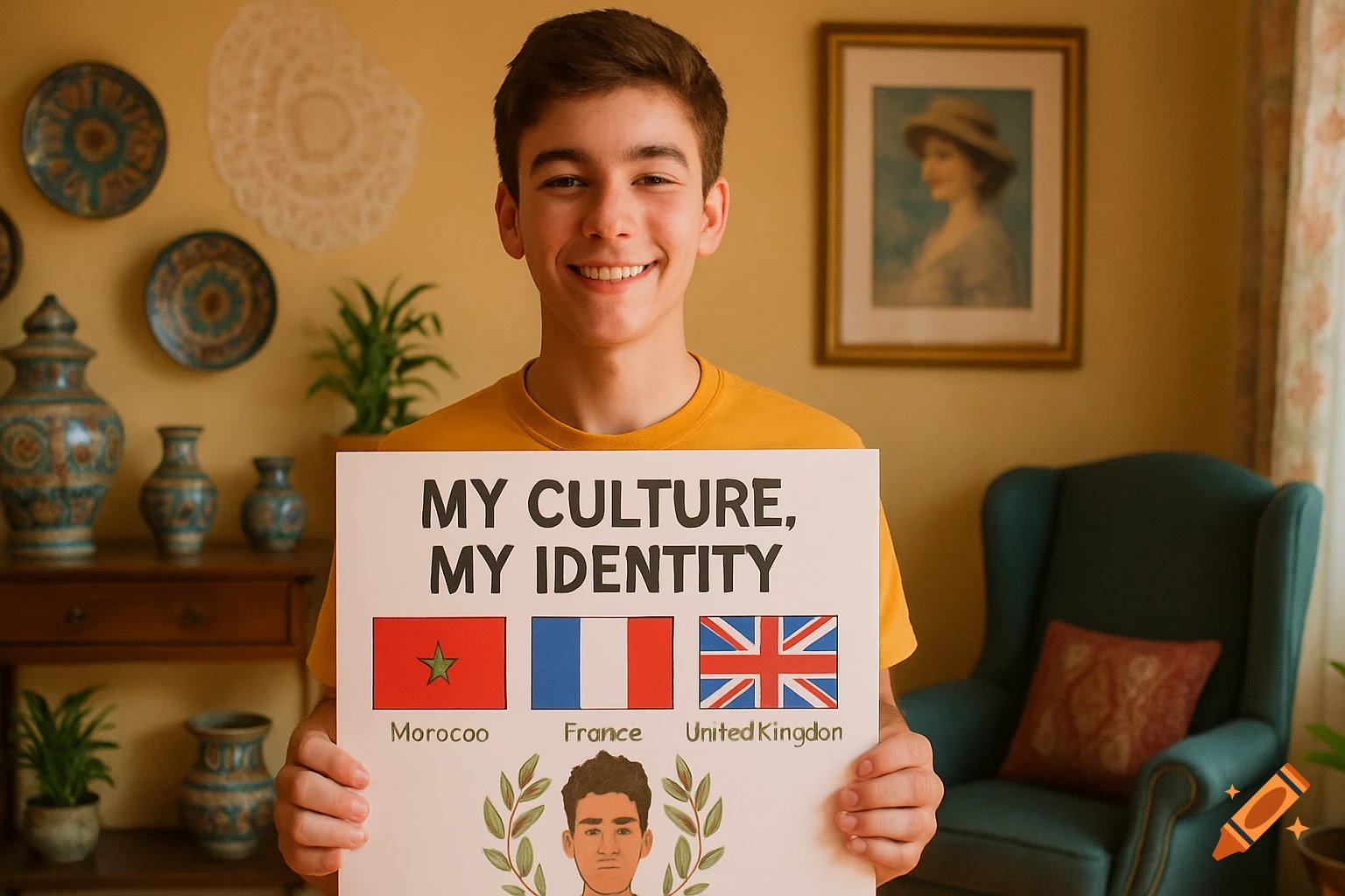A cheerful teenage boy holds a sign reading 'MY CULTURE, MY IDENTITY' with flags of Morocco, France, and the UK. Photorealistic.