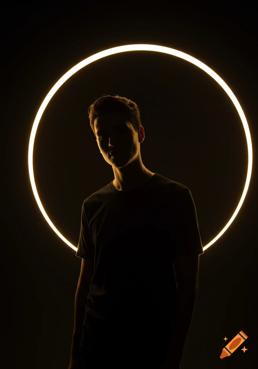 A moody studio portrait of a young man silhouetted against a warm glowing ring on a dark background.
