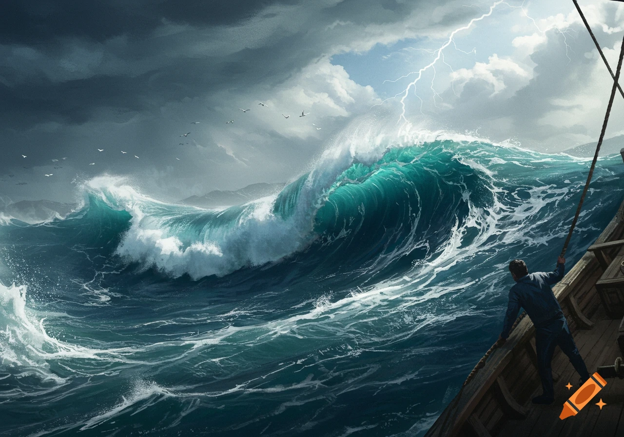 A man on a wooden boat navigates a stormy ocean with huge turquoise waves, dark clouds, and lightning.